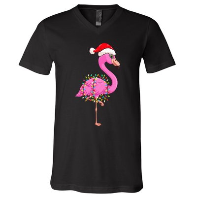 Christmas Lights Flamingo Wearing Xmas Hat Flamingo Lover V-Neck T-Shirt