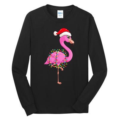 Christmas Lights Flamingo Wearing Xmas Hat Flamingo Lover Tall Long Sleeve T-Shirt