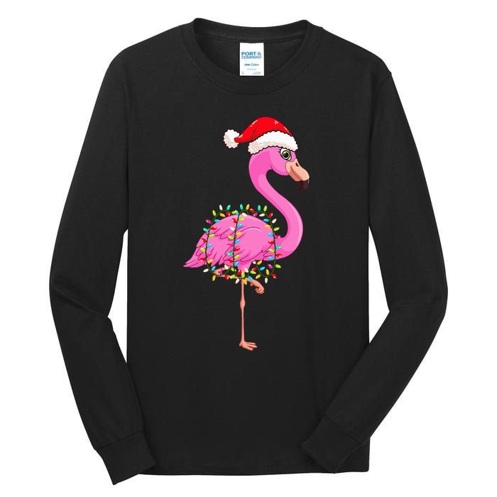 Christmas Lights Flamingo Wearing Xmas Hat Flamingo Lover Tall Long Sleeve T-Shirt