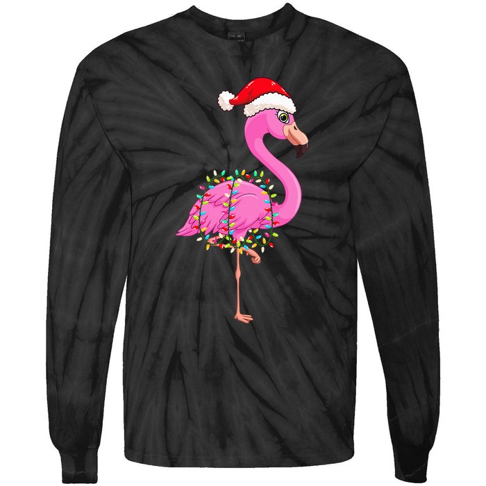 Christmas Lights Flamingo Wearing Xmas Hat Flamingo Lover Tie-Dye Long Sleeve Shirt