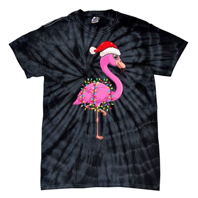 Christmas Lights Flamingo Wearing Xmas Hat Flamingo Lover Tie-Dye T-Shirt