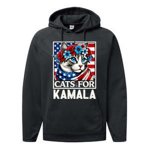 Cat Ladies For Kamala Funny Cat 2024 President Kamala Harris Performance Fleece Hoodie