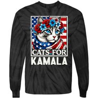 Cat Ladies For Kamala Funny Cat 2024 President Kamala Harris Tie-Dye Long Sleeve Shirt