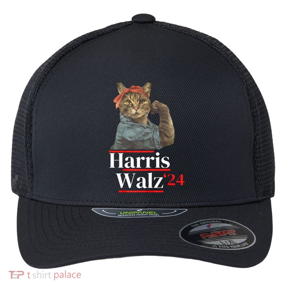 Cat Ladies For Kamala Walz Funny Cat 2024 President Flexfit Unipanel Trucker Cap