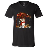 Cat Leaf Fall Hello Autumn Cat Kitten Lover Thanksgiving V-Neck T-Shirt