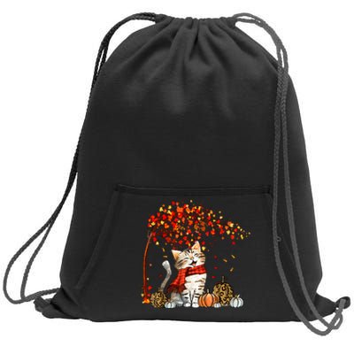 Cat Leaf Fall Hello Autumn Cat Kitten Lover Thanksgiving Sweatshirt Cinch Pack Bag