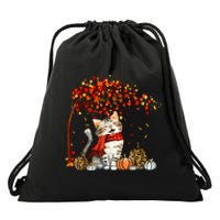 Cat Leaf Fall Hello Autumn Cat Kitten Lover Thanksgiving Drawstring Bag