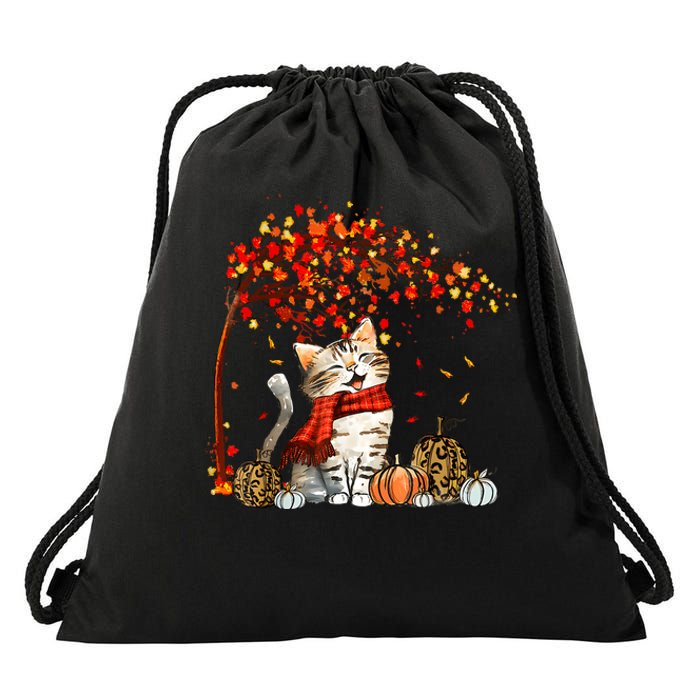 Cat Leaf Fall Hello Autumn Cat Kitten Lover Thanksgiving Drawstring Bag