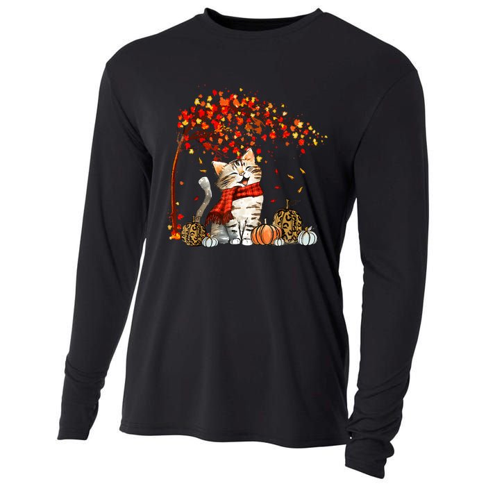 Cat Leaf Fall Hello Autumn Cat Kitten Lover Thanksgiving Cooling Performance Long Sleeve Crew