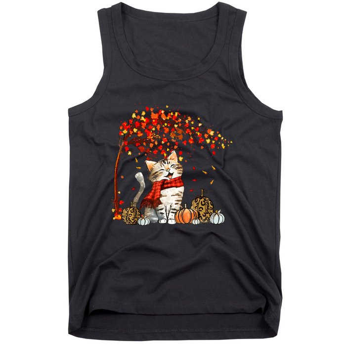 Cat Leaf Fall Hello Autumn Cat Kitten Lover Thanksgiving Tank Top