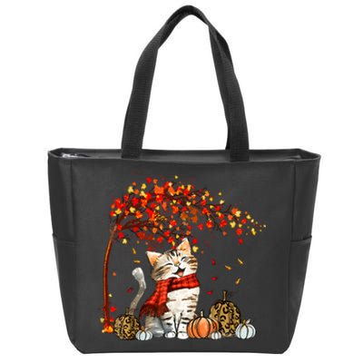 Cat Leaf Fall Hello Autumn Cat Kitten Lover Thanksgiving Zip Tote Bag