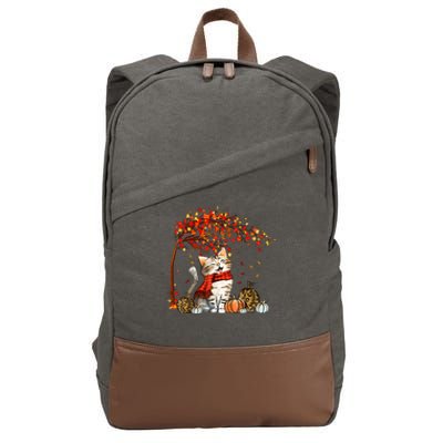 Cat Leaf Fall Hello Autumn Cat Kitten Lover Thanksgiving Cotton Canvas Backpack