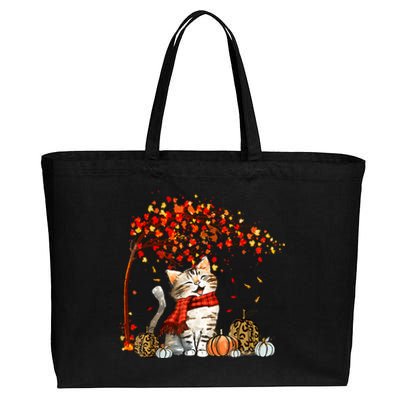 Cat Leaf Fall Hello Autumn Cat Kitten Lover Thanksgiving Cotton Canvas Jumbo Tote