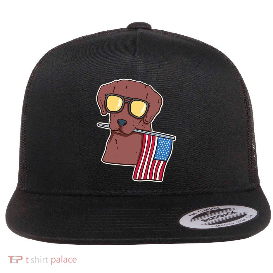 Chocolate Lab For 4th Of July Flat Bill Trucker Hat