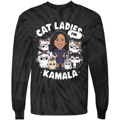 Cat Ladies For Kamala 2024 Presidential Support Tie-Dye Long Sleeve Shirt