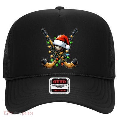 Christmas Lights Field Hockey Player Team Sant Hat Xmas Gift High Crown Mesh Back Trucker Hat