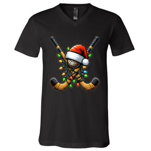 Christmas Lights Field Hockey Player Team Sant Hat Xmas Gift V-Neck T-Shirt