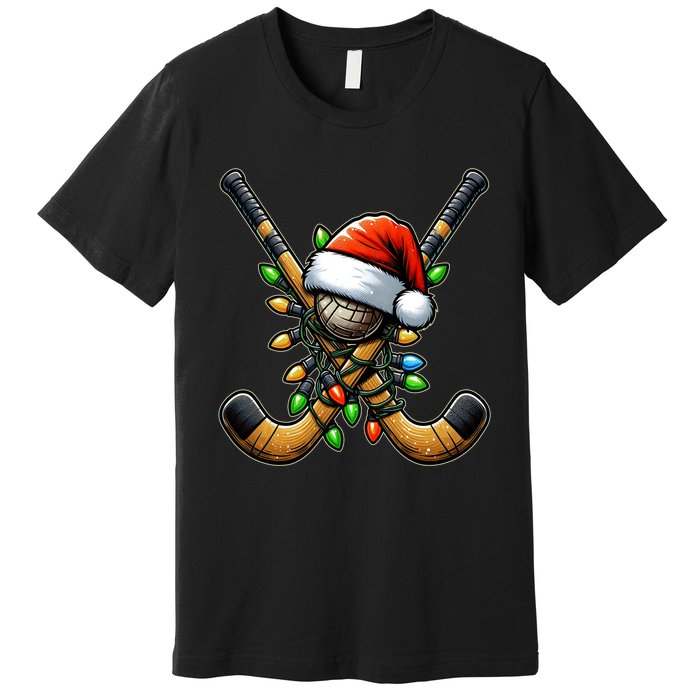 Christmas Lights Field Hockey Player Team Sant Hat Xmas Gift Premium T-Shirt