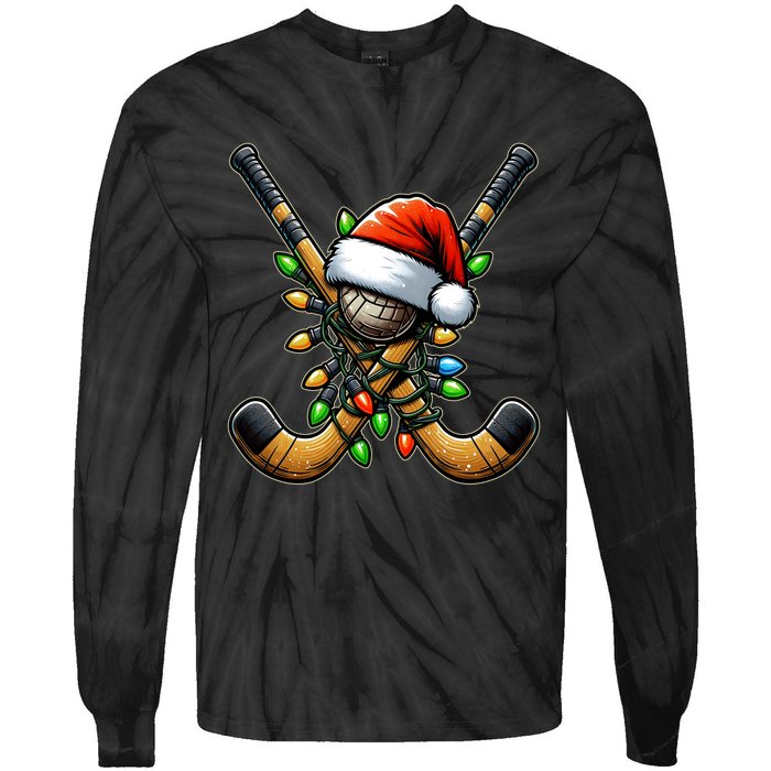 Christmas Lights Field Hockey Player Team Sant Hat Xmas Gift Tie-Dye Long Sleeve Shirt