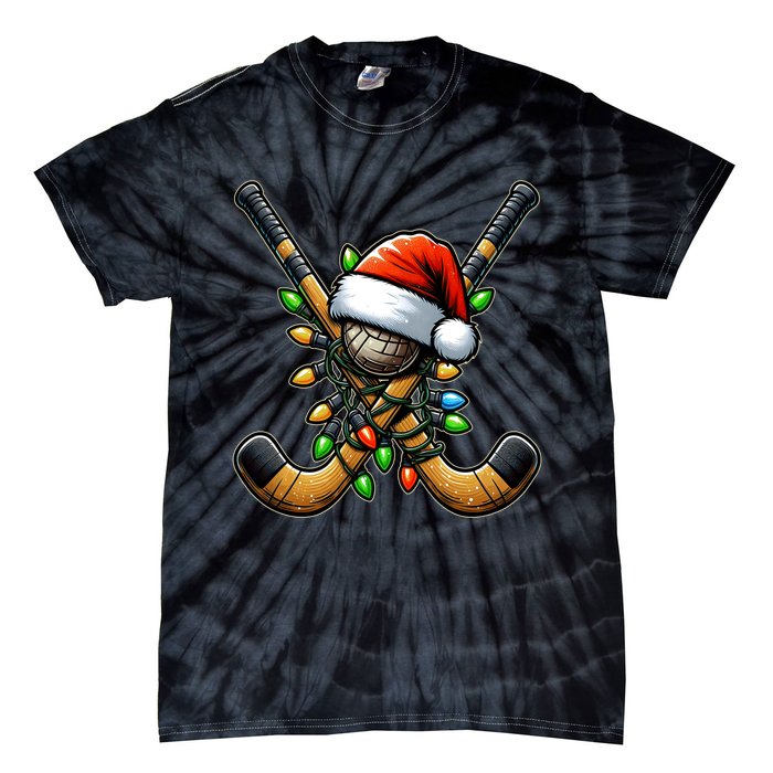 Christmas Lights Field Hockey Player Team Sant Hat Xmas Gift Tie-Dye T-Shirt