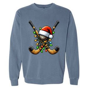 Christmas Lights Field Hockey Player Team Sant Hat Xmas Gift Garment-Dyed Sweatshirt