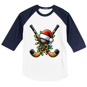 Christmas Lights Field Hockey Player Team Sant Hat Xmas Gift Baseball Sleeve Shirt