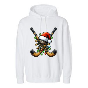 Christmas Lights Field Hockey Player Team Sant Hat Xmas Gift Garment-Dyed Fleece Hoodie