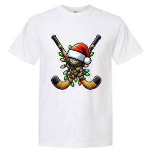 Christmas Lights Field Hockey Player Team Sant Hat Xmas Gift Garment-Dyed Heavyweight T-Shirt