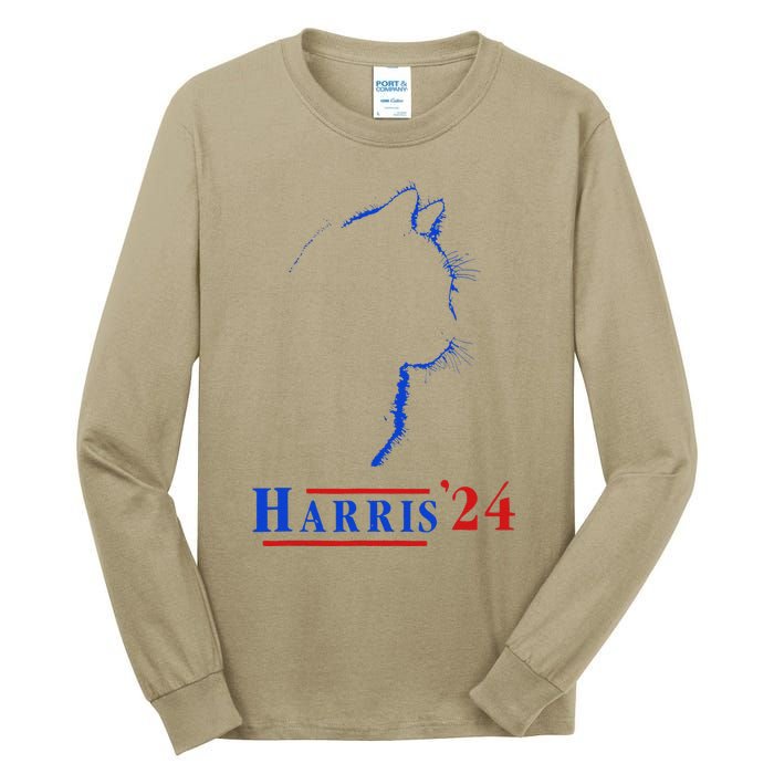 Cat Ladies For Kamala Funny Cat 2024 President Kamala Harris Tall Long Sleeve T-Shirt