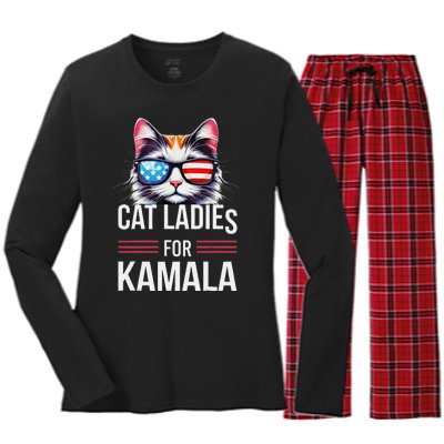 Cat Ladies For Kamala Funny Cat 2024 President Kamala Harris Women's Long Sleeve Flannel Pajama Set 