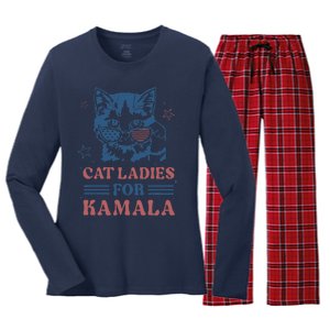 Cat Ladies For Kamala Funny Cat President Kamala Harris 2024 Women's Long Sleeve Flannel Pajama Set 