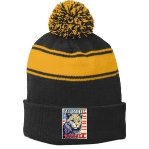 Cat Ladies For Kamala Funny Cat 2024 President Kamala Harris Stripe Pom Pom Beanie