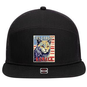 Cat Ladies For Kamala Funny Cat 2024 President Kamala Harris 7 Panel Mesh Trucker Snapback Hat