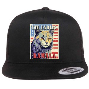 Cat Ladies For Kamala Funny Cat 2024 President Kamala Harris Flat Bill Trucker Hat