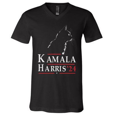 Cat Lady For Kamala Funny Cat 2024 President Kamala Harris V-Neck T-Shirt