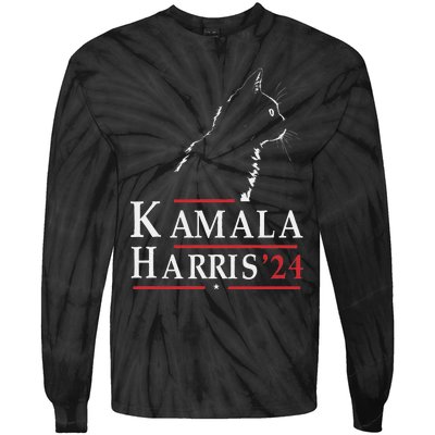 Cat Lady For Kamala Funny Cat 2024 President Kamala Harris Tie-Dye Long Sleeve Shirt