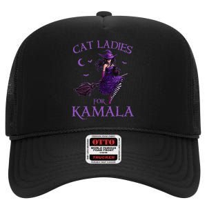 Cat Ladies For Kamala Harris 2024 Witches Harris Halloween Gift High Crown Mesh Back Trucker Hat