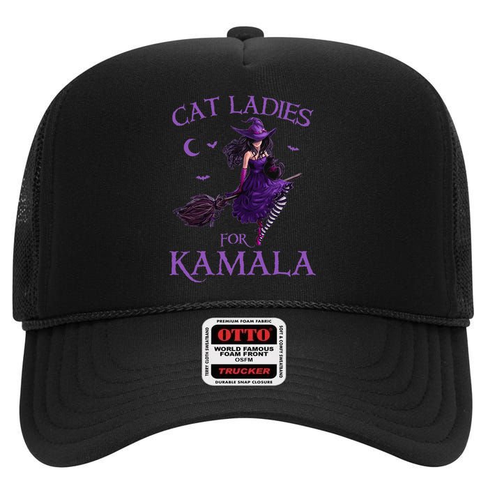 Cat Ladies For Kamala Harris 2024 Witches Harris Halloween Gift High Crown Mesh Back Trucker Hat