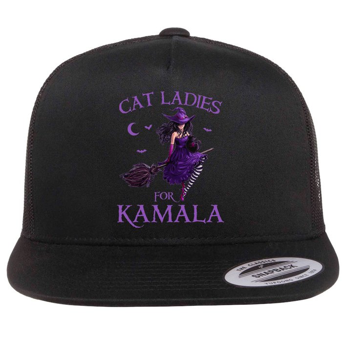 Cat Ladies For Kamala Harris 2024 Witches Harris Halloween Gift Flat Bill Trucker Hat