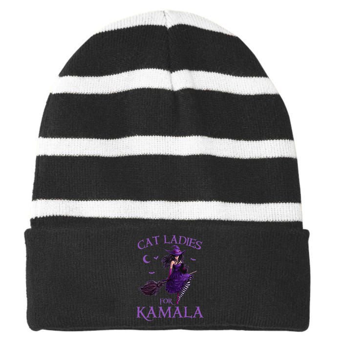 Cat Ladies For Kamala Harris 2024 Witches Harris Halloween Gift Striped Beanie with Solid Band