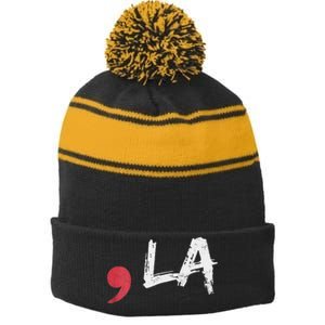 Comma La Funny Kamala Harris 2024 President Stripe Pom Pom Beanie