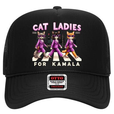 Cat Ladies For Kamala Voting Kamala Harris 2024 Cat Lover High Crown Mesh Back Trucker Hat