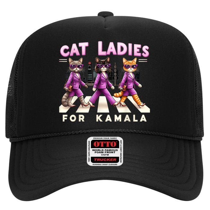 Cat Ladies For Kamala Voting Kamala Harris 2024 Cat Lover High Crown Mesh Back Trucker Hat