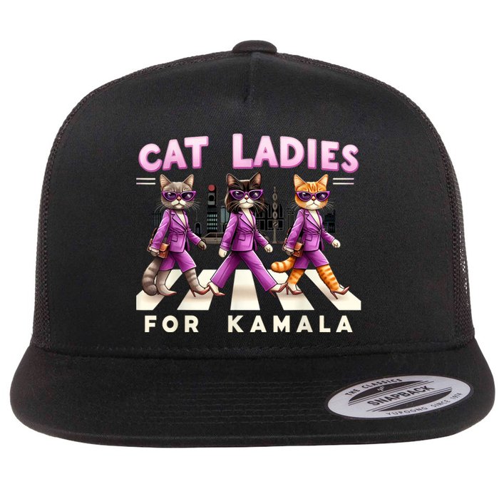 Cat Ladies For Kamala Voting Kamala Harris 2024 Cat Lover Flat Bill Trucker Hat