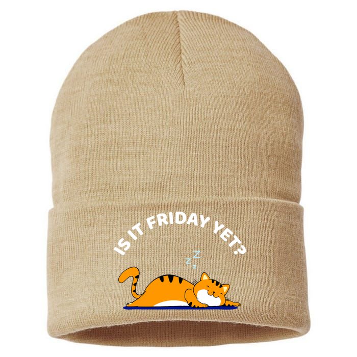 Cat Lover Funny Sleepy Cat Is It Friday Yet Cat Nap Sustainable Knit Beanie