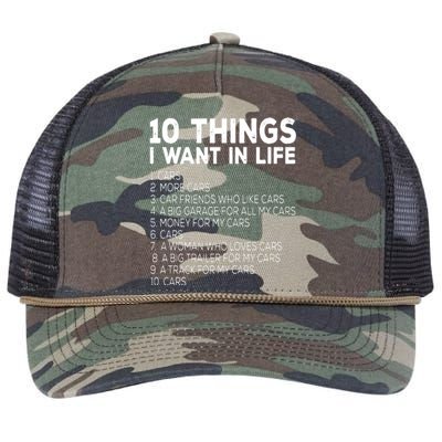 Car Lover Funny Ten Things I Want In Life Cars Retro Rope Trucker Hat Cap