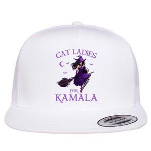 Cat Ladies For Kamala Harris 2024 Witches Harris Halloween Flat Bill Trucker Hat