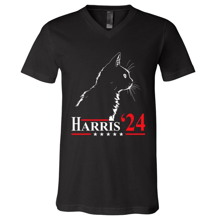 Cat Ladies For Kamala Funny Cat 2024 President Kamala Harris V-Neck T-Shirt