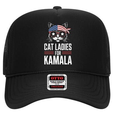 Cat Ladies For Kamala Funny Cat 2024 President Kamalaharris High Crown Mesh Back Trucker Hat