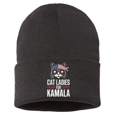 Cat Ladies For Kamala Funny Cat 2024 President Kamalaharris Sustainable Knit Beanie